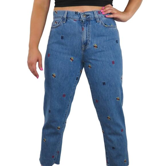 1990s Vintage Tommy Hilfiger High Rise Straight Mom Jeans Patches Size 10 34" - Picture 3 of 8